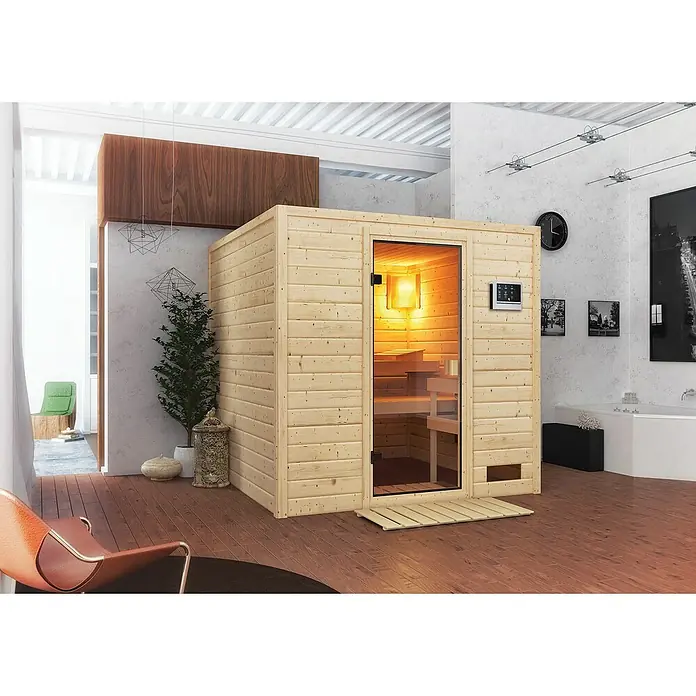 Karibu Massivholzsauna Jara - Mit 4,5 kW Saunaofen mit externer Steuerung, Ohne Dachkranz, Material Tür: Ganzglas Bronze, 195 x 195 x 187 cm - Stimmungsaufnahme
