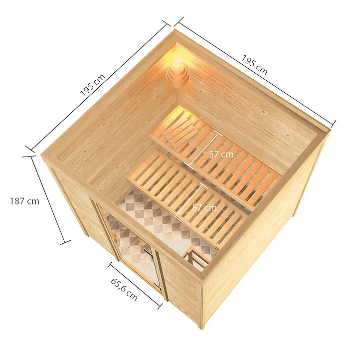 Karibu Massivholzsauna Jara - Mit 4,5 kW Saunaofen mit externer Steuerung, Ohne Dachkranz, Material Tür: Ganzglas Bronze, 195 x 195 x 187 cm - Ansicht von oben