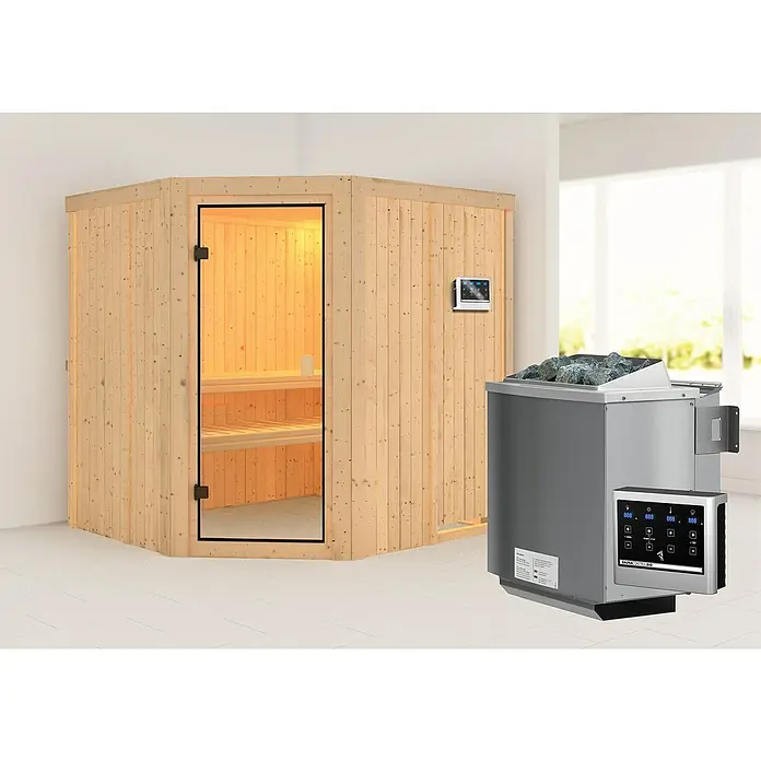 Karibu Elementsauna Bodo - Mit 4,5 kW Bio-Ofen mit externer Steuerung, Ohne Dachkranz, Material Tür: Ganzglas Bronze, 178 x 196 x 198 cm - Stimmungsaufnahme