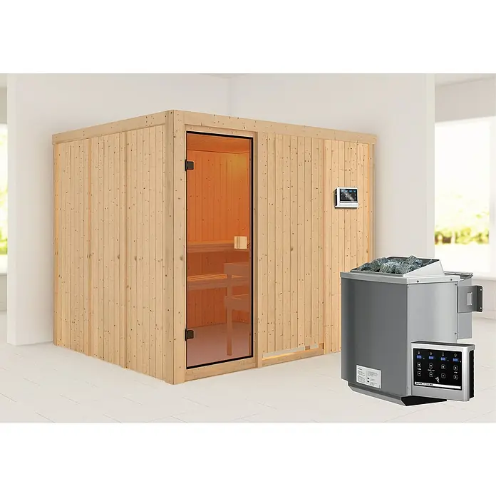 Karibu Elementsauna Nybro - Mit 9 kW Bio-Ofen mit externer Steuerung, Ohne Dachkranz, Material Tür: Ganzglas Bronze, 196 x 231 x 198 cm - Stimmungsaufnahme