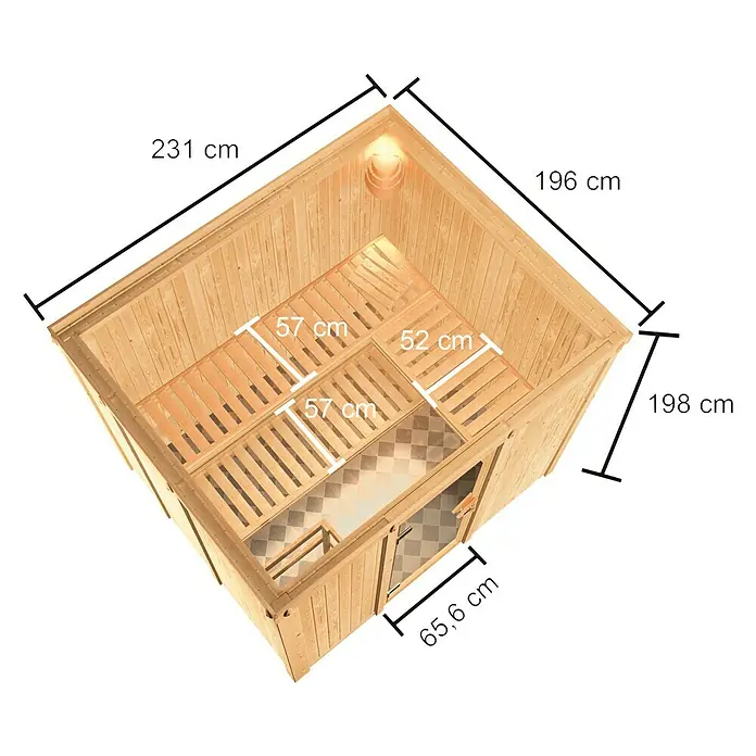 Karibu Elementsauna Nybro - Mit 9 kW Bio-Ofen mit externer Steuerung, Ohne Dachkranz, Material Tür: Ganzglas Bronze, 196 x 231 x 198 cm - Ansicht von oben