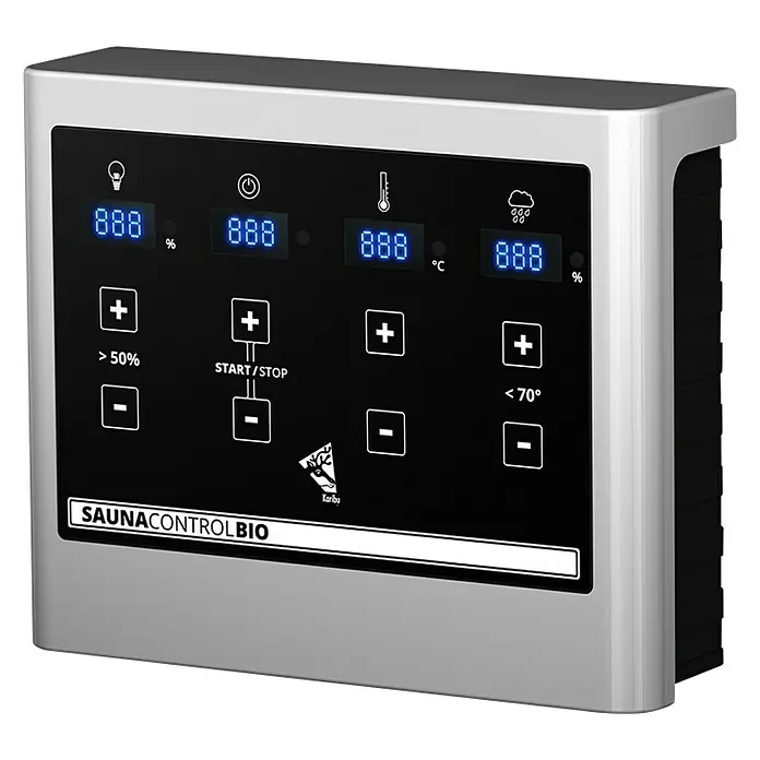 Karibu Massivholzsauna Svea - Mit 4,5 kW Bio-Ofen mit externer Steuerung, Mit Dachkranz und Beleuchtung, Material Tür: Massivholz, 160 x 224 x 202 cm - Detailaufnahme