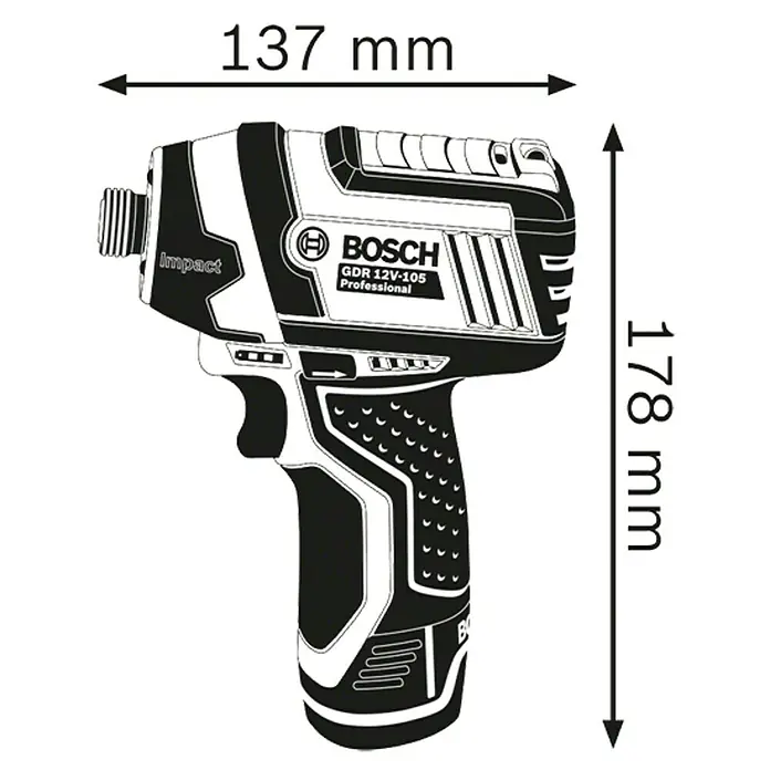 Bosch Professional Llave de impacto giratoria de batería GDR 12V-105 - 12 V, Sin batería, Número de revoluciones de marcha en vacío: 2.600 r.p.m. - Vista de perfil derecho