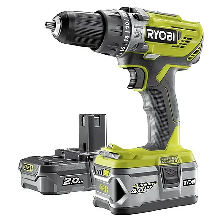 Ryobi ONE+ Taladro atornillador percutor de batería R18PD3-242VTA55 con Kit 55 piezas y aspirador