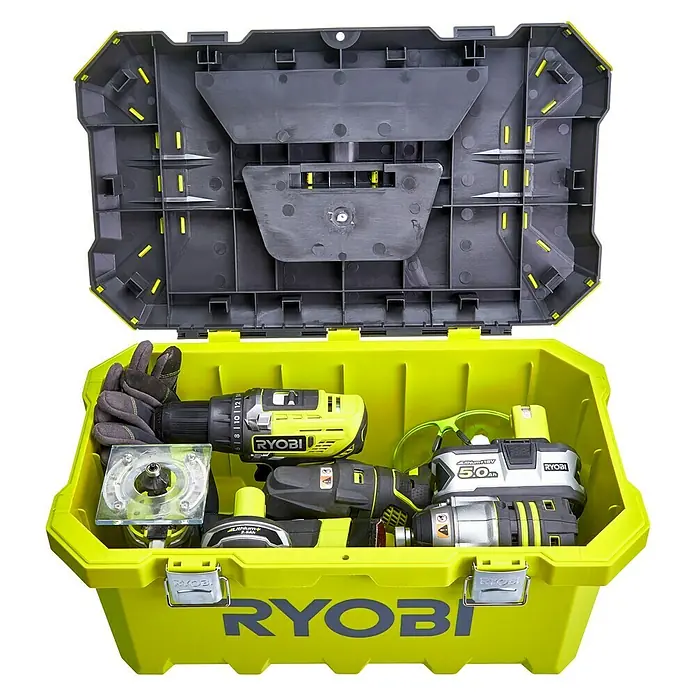 Ryobi ONE+ Taladro atornillador percutor de batería R18PD3-242VTA55 con Kit 55 piezas y aspirador - 18 V, 2 baterías, 2 Ah - 4 Ah, 500 r.p.m. - 1.800 r.p.m. - Vista descendente