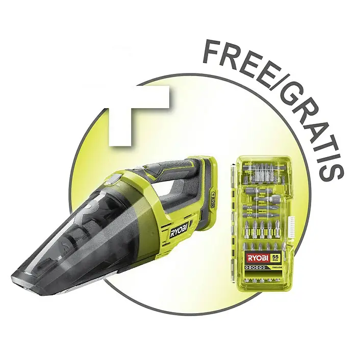 Ryobi ONE+ Taladro atornillador percutor de batería R18PD3-242VTA55 con Kit 55 piezas y aspirador - 18 V, 2 baterías, 2 Ah - 4 Ah, 500 r.p.m. - 1.800 r.p.m. - Primer plano