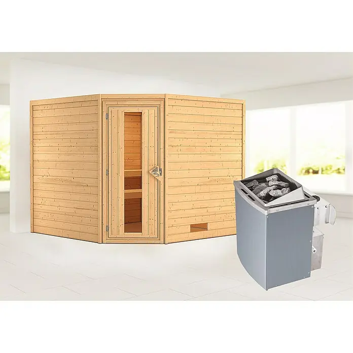 Karibu Massivholzsauna Leona - Mit 9 kW Saunaofen mit integrierter Steuerung, Ohne Dachkranz, Material Tür: Massivholz, 231 x 231 x 198 cm - Stimmungsaufnahme