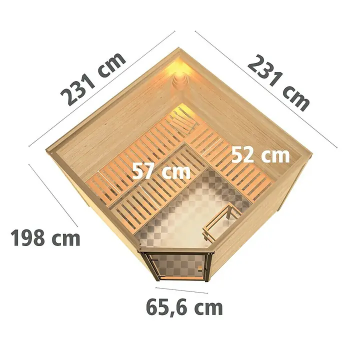 Karibu Massivholzsauna Leona - Mit 9 kW Saunaofen mit integrierter Steuerung, Ohne Dachkranz, Material Tür: Massivholz, 231 x 231 x 198 cm - Ansicht von oben