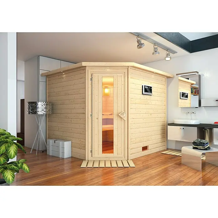 Karibu Massivholzsauna Leona - Mit 9 kW Bio-Ofen mit externer Steuerung, Mit Dachkranz und Beleuchtung, Material Tür: Massivholz, 245 x 259 x 202 cm - Stimmungsaufnahme