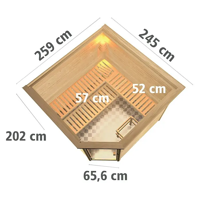 Karibu Massivholzsauna Leona - Mit 9 kW Bio-Ofen mit externer Steuerung, Mit Dachkranz und Beleuchtung, Material Tür: Massivholz, 245 x 259 x 202 cm - Ansicht von oben