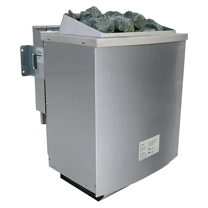Karibu Massivholzsauna Leona - Mit 9 kW Bio-Ofen mit externer Steuerung, Mit Dachkranz und Beleuchtung, Material Tür: Massivholz, 245 x 259 x 202 cm - Rechte Seitenansicht