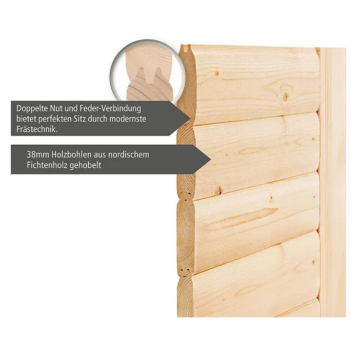 Karibu Massivholzsauna Leona - Mit 9 kW Bio-Ofen mit externer Steuerung, Mit Dachkranz und Beleuchtung, Material Tür: Massivholz, 245 x 259 x 202 cm