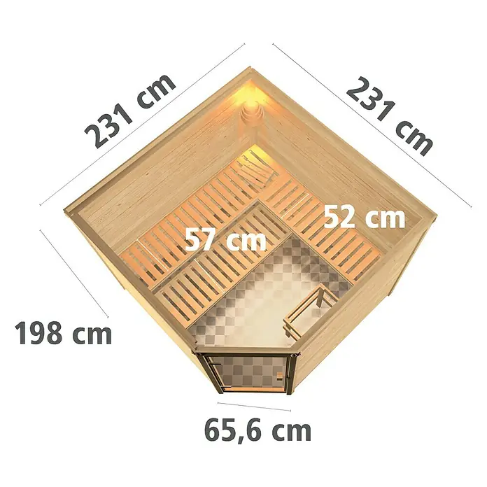 Karibu Massivholzsauna Leona - Mit 9 kW Saunaofen mit integrierter Steuerung, Ohne Dachkranz, Material Tür: Ganzglas Graphit, 231 x 231 x 198 cm - Ansicht von oben