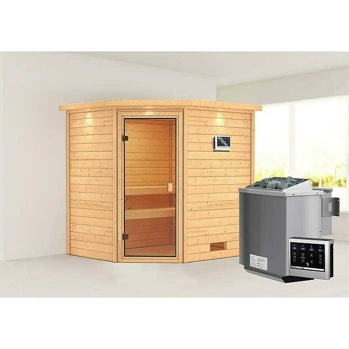 Karibu Massivholzsauna Elea - Mit 4,5 kW Bio-Ofen mit externer Steuerung, Mit Dachkranz und Beleuchtung, Material Tür: Ganzglas Bronze, 183 x 223 x 191 cm - Stimmungsaufnahme