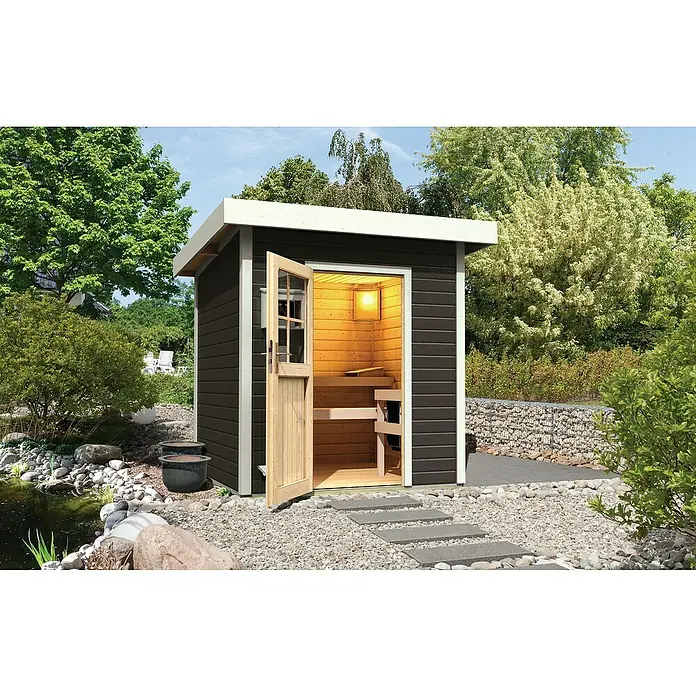 Karibu Saunahaus Taina - Mit 9 kW Saunaofen mit externer Steuerung, 196 x 196 x 226 cm, Terragrau - Stimmungsaufnahme
