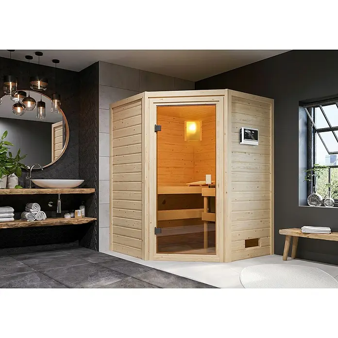 Karibu Massivholzsauna Antonia - Mit 4,5 kW Saunaofen mit externer Steuerung, Ohne Dachkranz, Material Tür: Ganzglas Bronze, 145 x 145 x 187 cm - Stimmungsaufnahme