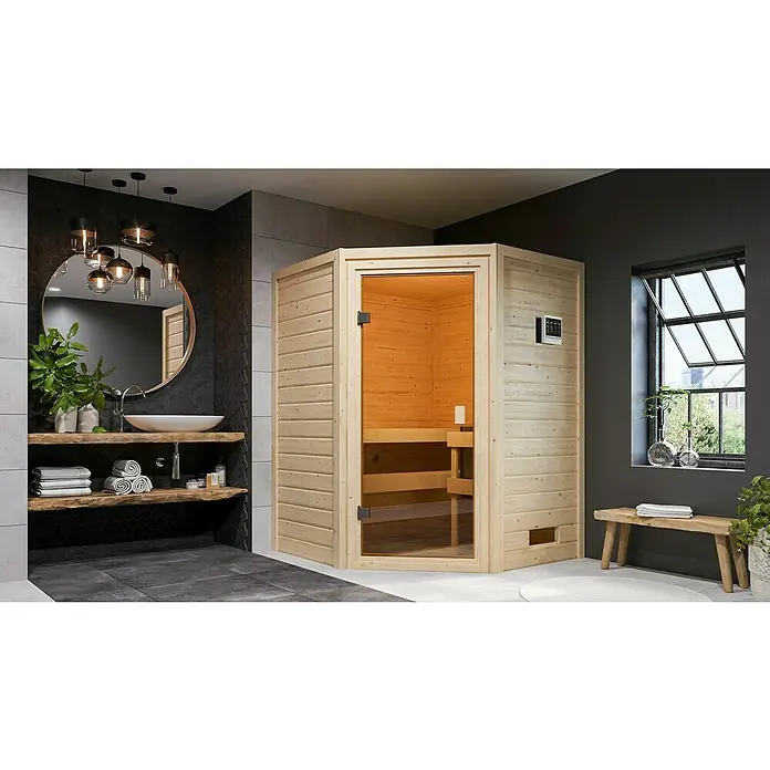 Karibu Massivholzsauna Antonia - Mit 4,5 kW Bio-Ofen mit externer Steuerung, Ohne Dachkranz, Material Tür: Ganzglas Bronze, 145 x 145 x 187 cm - Stimmungsaufnahme
