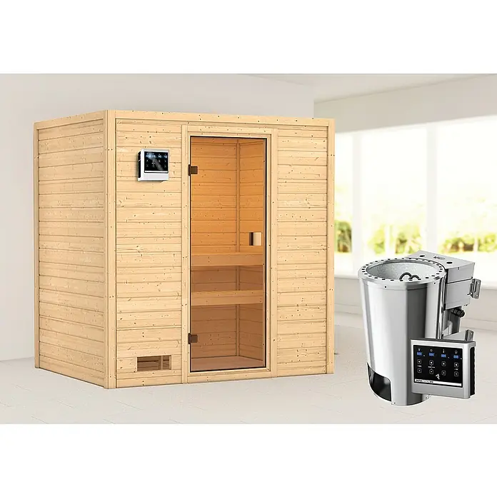 Karibu Massivholzsauna Selena - Mit 3,6 kW Bio-Ofen mit externer Steuerung, Ohne Dachkranz, Material Tür: Ganzglas Bronze, 145 x 195 x 187 cm - Stimmungsaufnahme