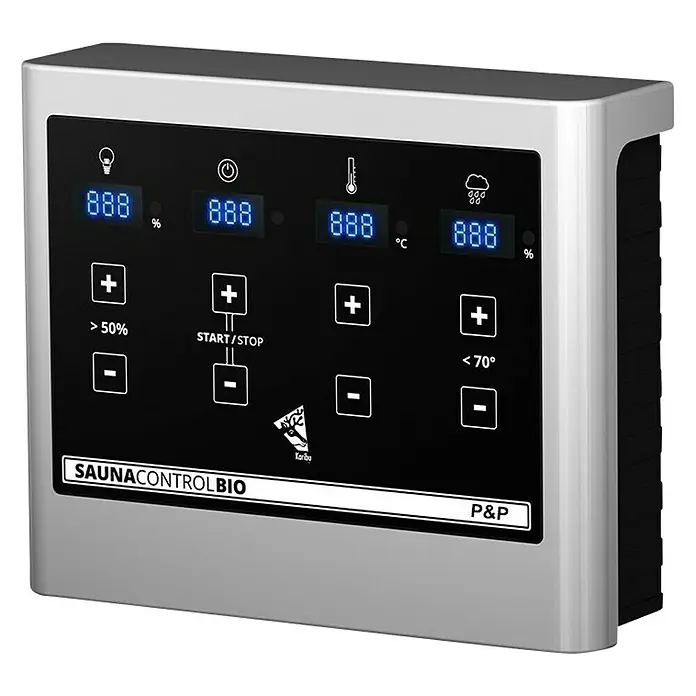 Karibu Massivholzsauna Selena - Mit 3,6 kW Bio-Ofen mit externer Steuerung, Ohne Dachkranz, Material Tür: Ganzglas Bronze, 145 x 195 x 187 cm - Vorderansicht