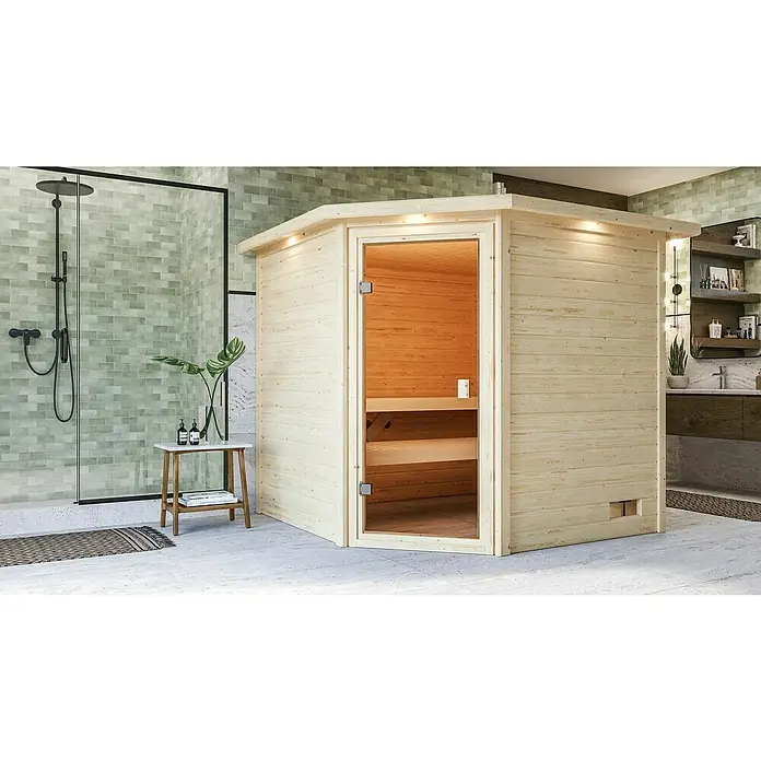 Karibu Massivholzsauna Tilda - Ohne Ofen, Mit Dachkranz und Beleuchtung, Material Tür: Ganzglas Bronze, 209 x 223 x 191 cm - Stimmungsaufnahme