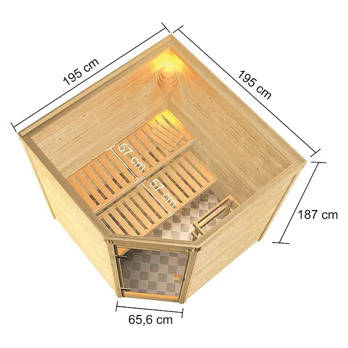 Karibu Massivholzsauna Tilda - Mit 4,5 kW Saunaofen mit integrierter Steuerung, Ohne Dachkranz, Material Tür: Ganzglas Bronze, 195 x 195 x 187 cm - Ansicht von oben