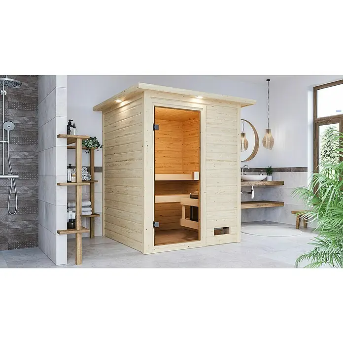 Karibu Massivholzsauna Sandra - Ohne Ofen, Mit Dachkranz und Beleuchtung, Material Tür: Ganzglas Bronze, 159 x 173 x 191 cm - Stimmungsaufnahme