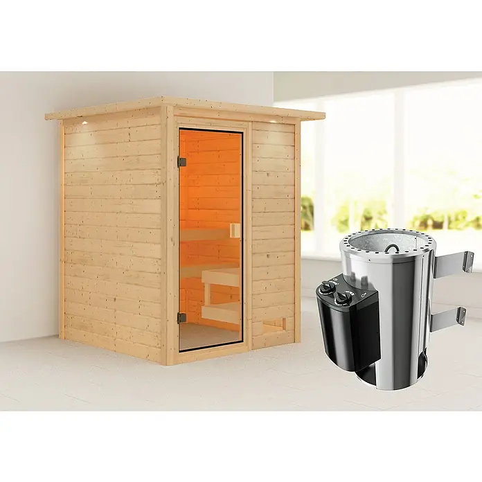 Karibu Massivholzsauna Sandra - Mit 3,6 kW Saunaofen mit integrierter Steuerung, Mit Dachkranz und Beleuchtung, Material Tür: Ganzglas Bronze, 159 x 173 x 191 cm - Stimmungsaufnahme