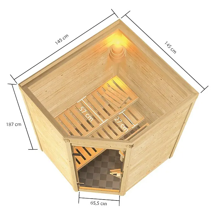 Karibu Massivholzsauna Antonia - Mit 4,5 kW Saunaofen mit externer Steuerung, Ohne Dachkranz, Material Tür: Ganzglas Bronze, 145 x 145 x 187 cm - Ansicht von oben