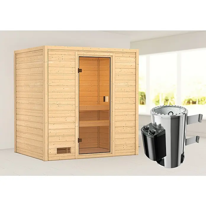 Karibu Massivholzsauna Selena - Mit 3,6 kW Saunaofen mit integrierter Steuerung, Ohne Dachkranz, Material Tür: Ganzglas Bronze, 145 x 195 x 187 cm - Stimmungsaufnahme