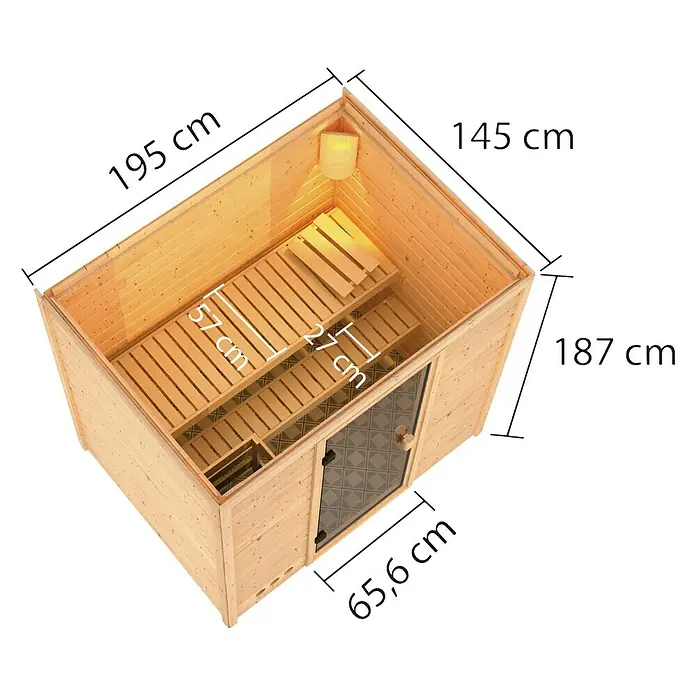 Karibu Massivholzsauna Selena - Mit 3,6 kW Bio-Ofen mit externer Steuerung, Ohne Dachkranz, Material Tür: Ganzglas Bronze, 145 x 195 x 187 cm - Ansicht von oben