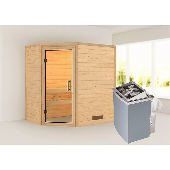 Karibu Massivholzsauna Svea - Mit 4,5 kW Saunaofen mit externer Steuerung, Ohne Dachkranz, Material Tür: Ganzglas Klar, 146 x 196 x 198 cm - Stimmungsaufnahme