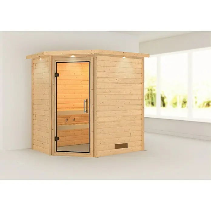 Karibu Massivholzsauna Svea - Mit 4,5 kW Saunaofen mit integrierter Steuerung, Mit Dachkranz und Beleuchtung, Material Tür: Ganzglas Klar, 160 x 224 x 202 cm - Stimmungsaufnahme