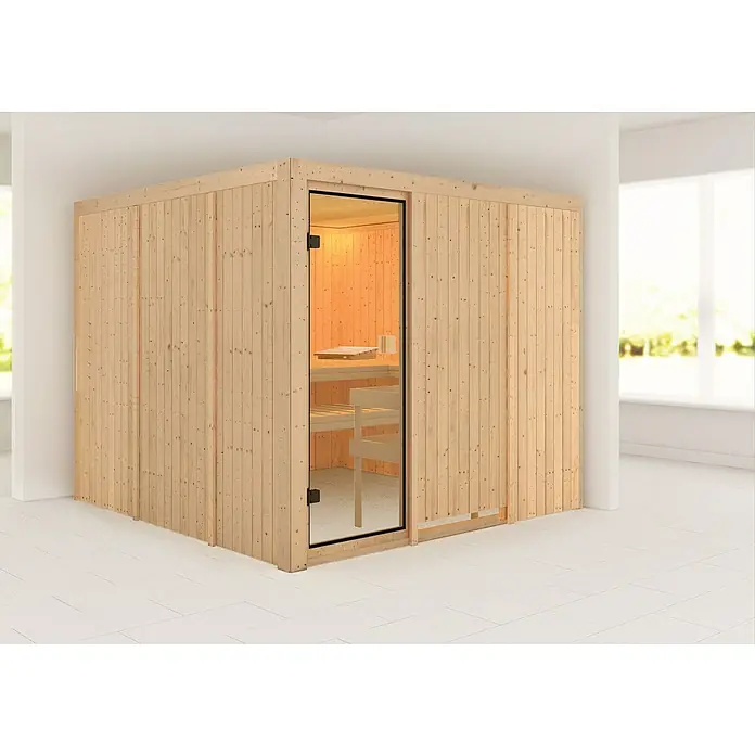 Karibu Elementsauna Arvika - Ohne Ofen, Ohne Dachkranz, Material Tür: Ganzglas Bronze, 231 x 231 x 198 cm - Stimmungsaufnahme