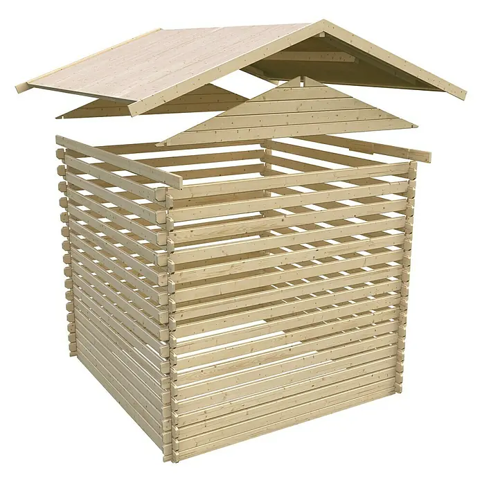 Karibu Saunahaus Birka - Mit 9 kW Saunaofen mit externer Steuerung, 273 x 231 x 235 cm, Natur - Diagonale Ansicht