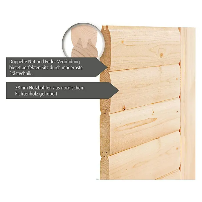 Karibu Massivholzsauna Elea - Mit 4,5 kW Bio-Ofen mit externer Steuerung, Ohne Dachkranz, Material Tür: Ganzglas Bronze, 169 x 195 x 187 cm - Detailaufnahme