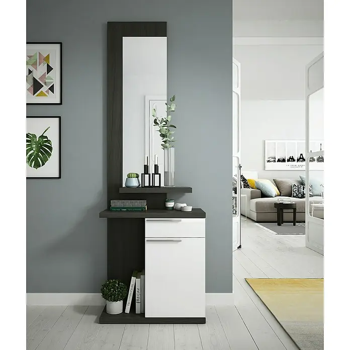 Mueble para recibidor con espejo Kendra - L x An x Al: 29 x 61 x 186 cm, Gris, Blanco - Foto ambiente