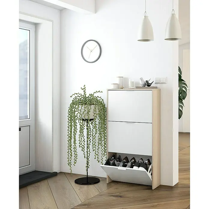Zapatero Blanco y Roble - L x An x Al: 22 x 60 x 113 cm, Natural/Blanco - Foto ambiente