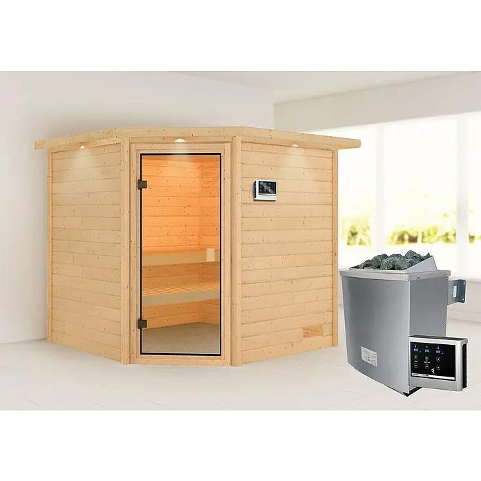 Karibu Massivholzsauna Tilda - Mit 4,5 kW Saunaofen mit externer Steuerung, Mit Dachkranz und Beleuchtung, Material Tür: Ganzglas Bronze, 209 x 223 x 191 cm - Stimmungsaufnahme