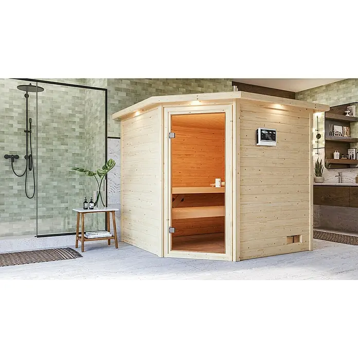 Karibu Massivholzsauna Tilda - Mit 4,5 kW Bio-Ofen mit externer Steuerung, Mit Dachkranz und Beleuchtung, Material Tür: Ganzglas Bronze, 209 x 223 x 191 cm - Stimmungsaufnahme