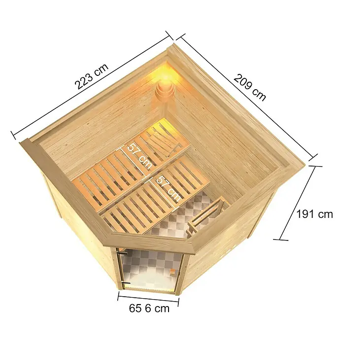Karibu Massivholzsauna Tilda - Mit 4,5 kW Bio-Ofen mit externer Steuerung, Mit Dachkranz und Beleuchtung, Material Tür: Ganzglas Bronze, 209 x 223 x 191 cm - Ansicht von oben