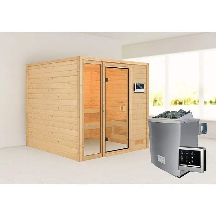 Karibu Massivholzsauna Jutta - Mit 9 kW Saunaofen mit externer Steuerung, Ohne Dachkranz, Material Tür: Ganzglas Bronze, 196 x 196 x 187 cm - Stimmungsaufnahme