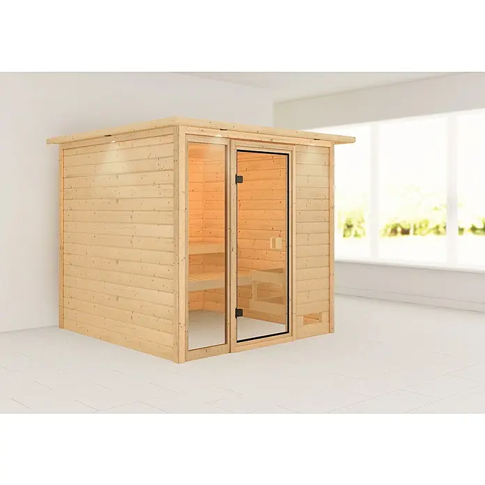 Karibu Massivholzsauna Jutta - Ohne Ofen, Mit Dachkranz und Beleuchtung, Material Tür: Ganzglas Bronze, 210 x 224 x 191 cm - Stimmungsaufnahme