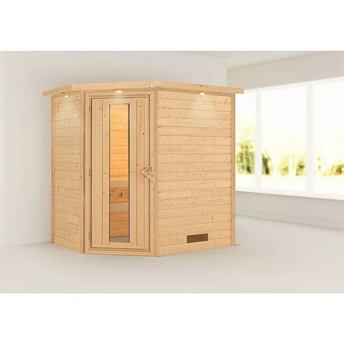 Karibu Massivholzsauna Svea - Mit 4,5 kW Saunaofen mit integrierter Steuerung, Mit Dachkranz und Beleuchtung, Material Tür: Massivholz, 160 x 224 x 202 cm - Stimmungsaufnahme