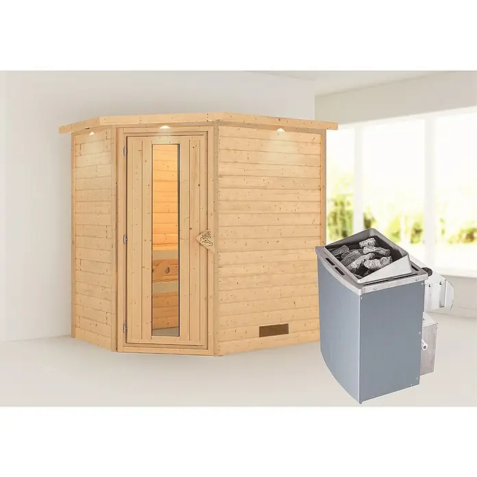 Karibu Massivholzsauna Svea - Mit 4,5 kW Saunaofen mit externer Steuerung, Mit Dachkranz und Beleuchtung, Material Tür: Massivholz, 160 x 224 x 202 cm - Stimmungsaufnahme