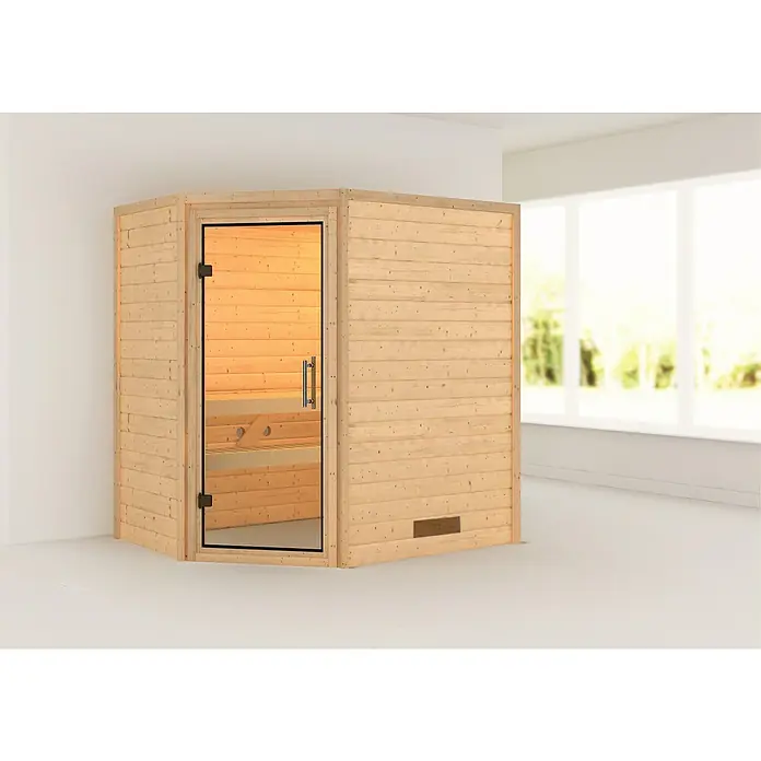 Karibu Massivholzsauna Svea - Mit 4,5 kW Saunaofen mit integrierter Steuerung, Ohne Dachkranz, Material Tür: Ganzglas Klar, 146 x 196 x 198 cm - Stimmungsaufnahme