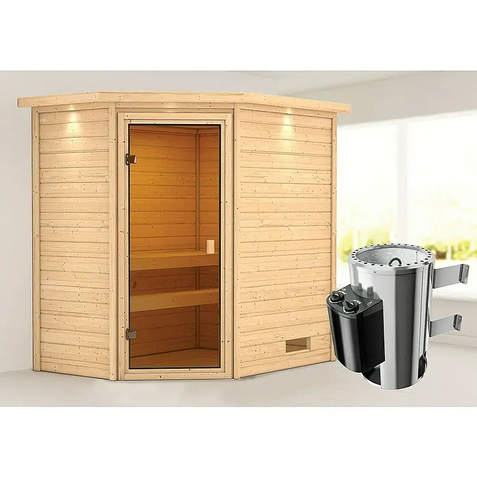 Karibu Massivholzsauna Jella - Mit 3,6 kW Saunaofen mit integrierter Steuerung, Mit Dachkranz und Beleuchtung, Material Tür: Ganzglas Bronze, 159 x 223 x 191 cm - Stimmungsaufnahme