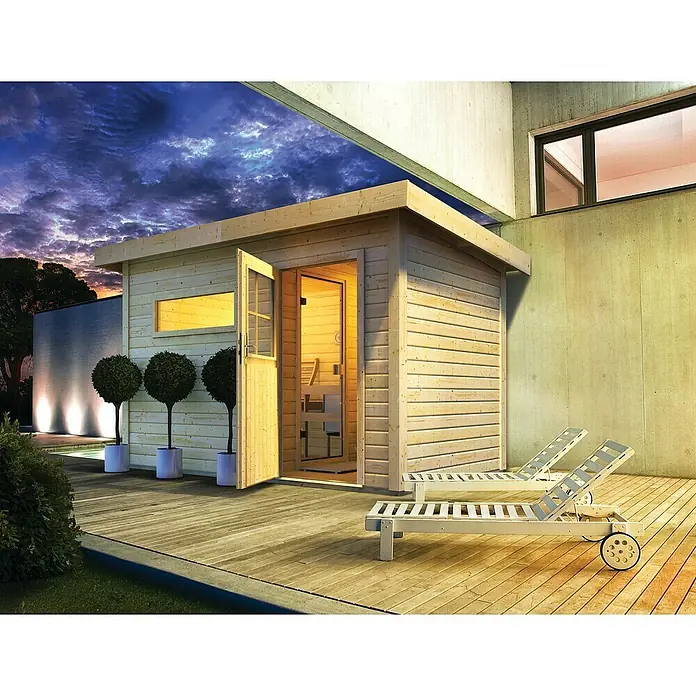 Karibu Saunahaus Suva 2 - Mit 9 kW Bio-Ofen mit externer Steuerung, 231 x 337 x 227 cm, Natur - Stimmungsaufnahme