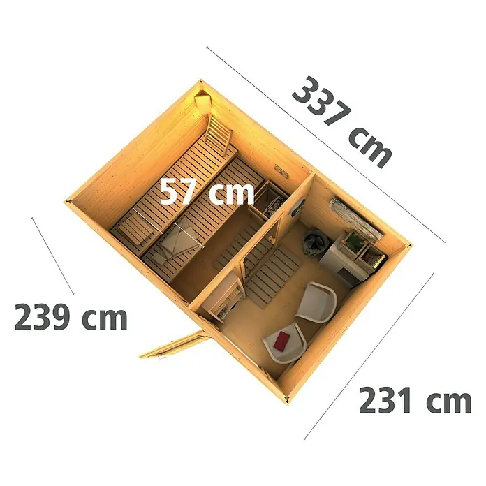 Karibu Saunahaus Suva 2 - Mit 9 kW Bio-Ofen mit externer Steuerung, 231 x 337 x 227 cm, Natur - Ansicht von oben