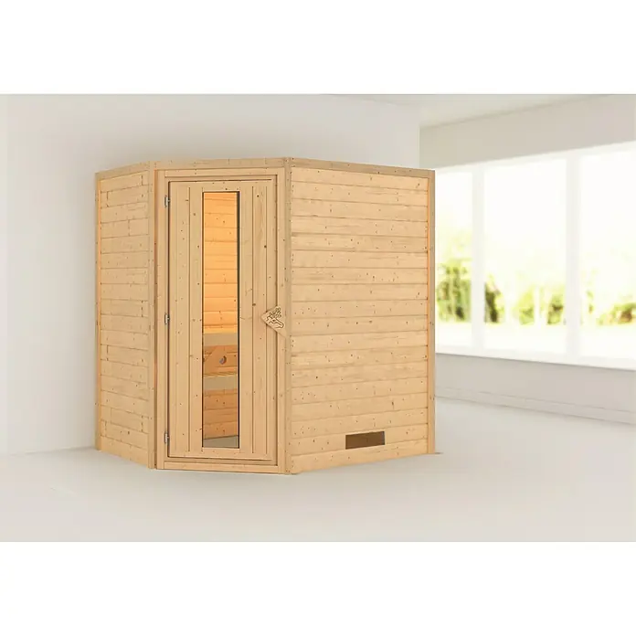 Karibu Massivholzsauna Svea - Mit 4,5 kW Saunaofen mit integrierter Steuerung, Ohne Dachkranz, Material Tür: Massivholz, 146 x 196 x 198 cm - Stimmungsaufnahme