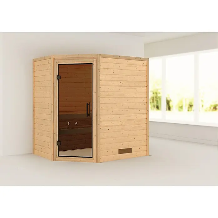 Karibu Massivholzsauna Svea - Mit 4,5 kW Saunaofen mit integrierter Steuerung, Ohne Dachkranz, Material Tür: Ganzglas Graphit, 146 x 196 x 198 cm - Stimmungsaufnahme